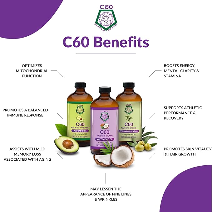 C60 Power C60 in Organic Avocado Oil - Natural Wellness & Antioxidant Support for Men & Women, 99.99% Pure Carbon Fullerenes, Promotes Energy, Mental Clarity, & Stamina - 2 fl oz Bottle