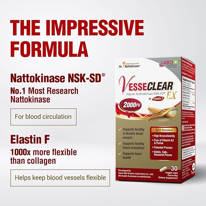 LABO Nutrition VesseCLEAR EX: Nattokinase NSK-SD+Elastin F for Clean & Flexible Blood Vessel. Japan's Most Research Proven, Functional Dose, Acid-Resistant/Delayed Release Capsules