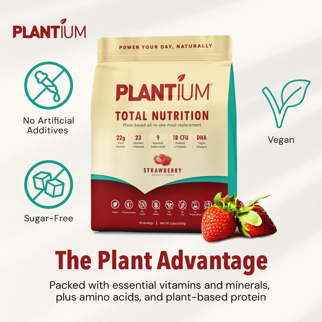 Plantium Total Nutrition, Premium All-in-One Meal Replacement Shake, Plant-Based Protein Powder with Vitamins, Minerals & Probiotics, 22g Protein per Serving, Strawberry