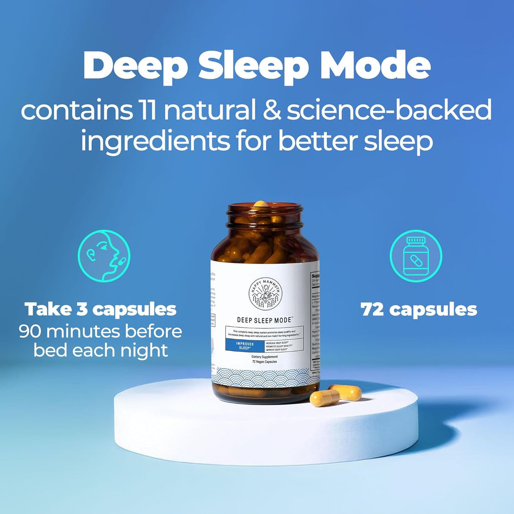 Happy Mammoth Deep Sleep Mode. Get A Perfect 7-9 Hours Sleep. Melatonin Free, Improves Sleep, Deeper Sleep, Less Waking Up. 3-in-1 Non-Habit-Forming Formula Calms The Nervous System for Better Sleep.