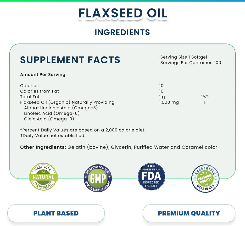 Organic Flaxseed Oil 1,000 mg Omega-3, Immune System Booster with Omega 3,6,9 from Natural ALA, Supports Healthy Hair, Skin and Nails, 100 Rich Liquid Softgels Per Bottle