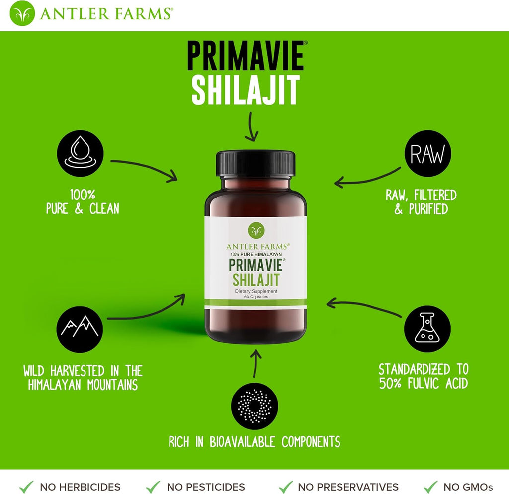 Antler Farms - 100% Pure PrimaVie Shilajit for Men Extract, 60 Capsules, 250mg – Standardized to 50% Fulvic Acid, Wild Harvested Resin from The Himalayas, Powerful Adaptogenic Supplement