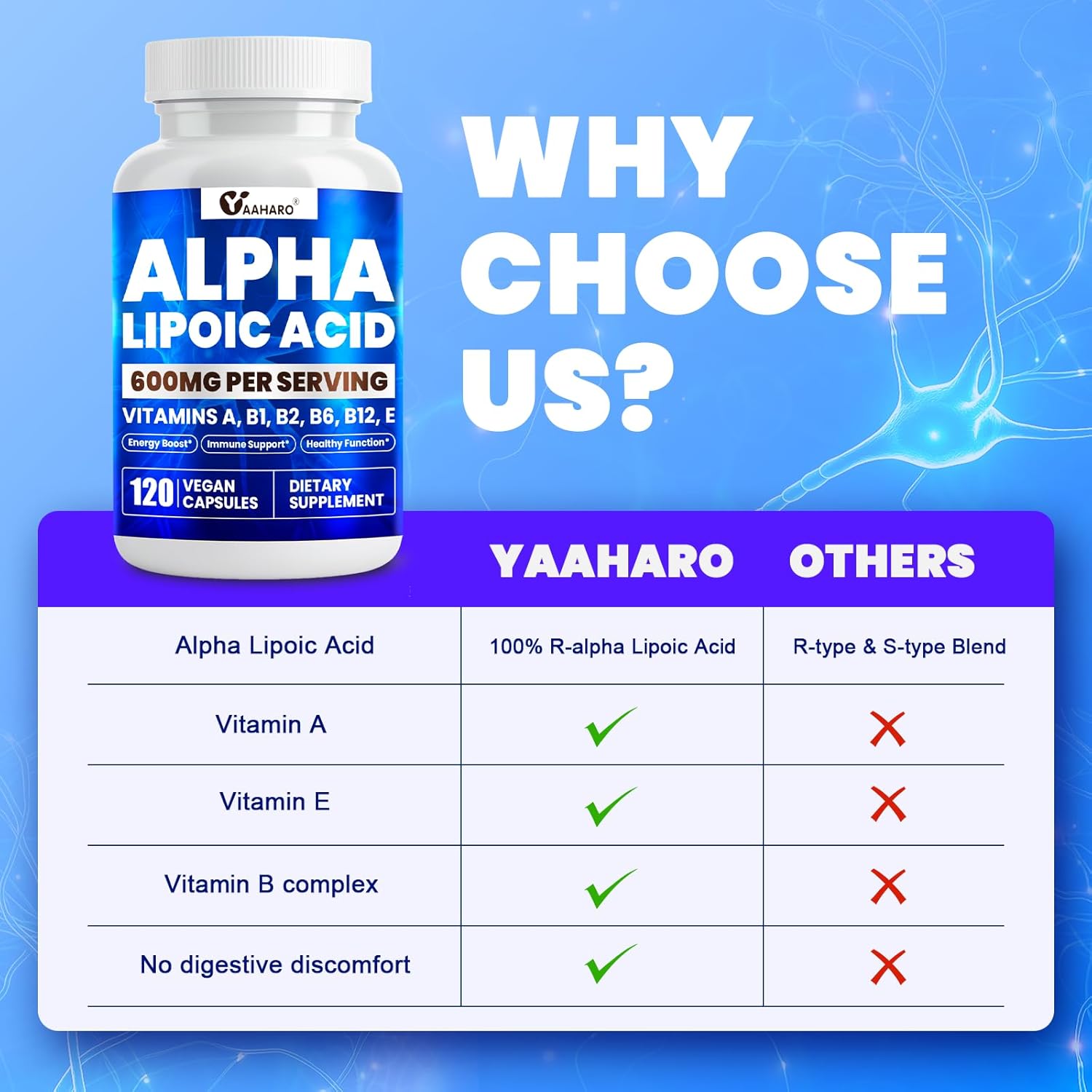 Alpha Lipoic Acid 600mg, ALA Supplement for Energy Boost, Immune Support, Healthy Function, and Enhanced Absorption, R-Alpha Lipoic Acid with Essential Vitamins, 120 Capsules