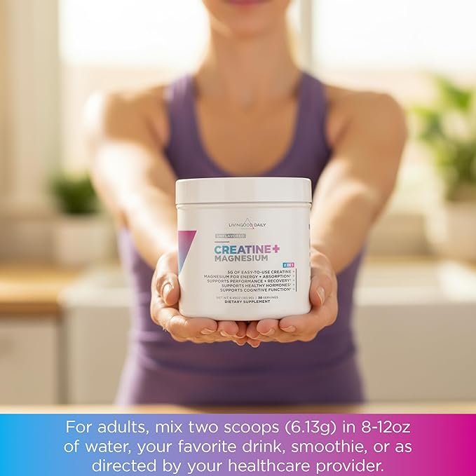 Livingood Daily Creatine + Magnesium Powder, Unflavored | 5g Micronized Creatine Monohydrate with Magnesium for Energy, Muscle Recovery & Performance | 30 Servings