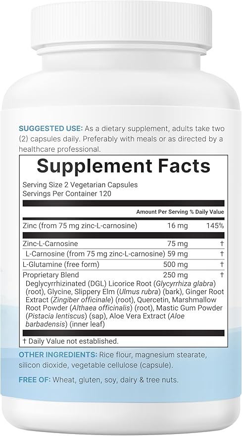 Zinc Carnosine 75mg, 240 Veggie Capsules | 10-in-1 Zinc Supplements for Men & Women with Glutamine, DGL Licorice, Quercetin, Slippery Elm Bark, & Ginger Root | Non-GMO, Gluten Free