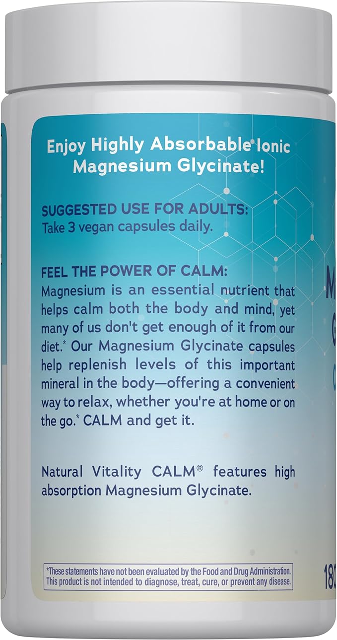 Natural Vitality Calm, Magnesium Glycinate Supports Bone, Muscle, Heart, & Nerve Health, Non-GMO, Vegan, Gluten Free 180ct
