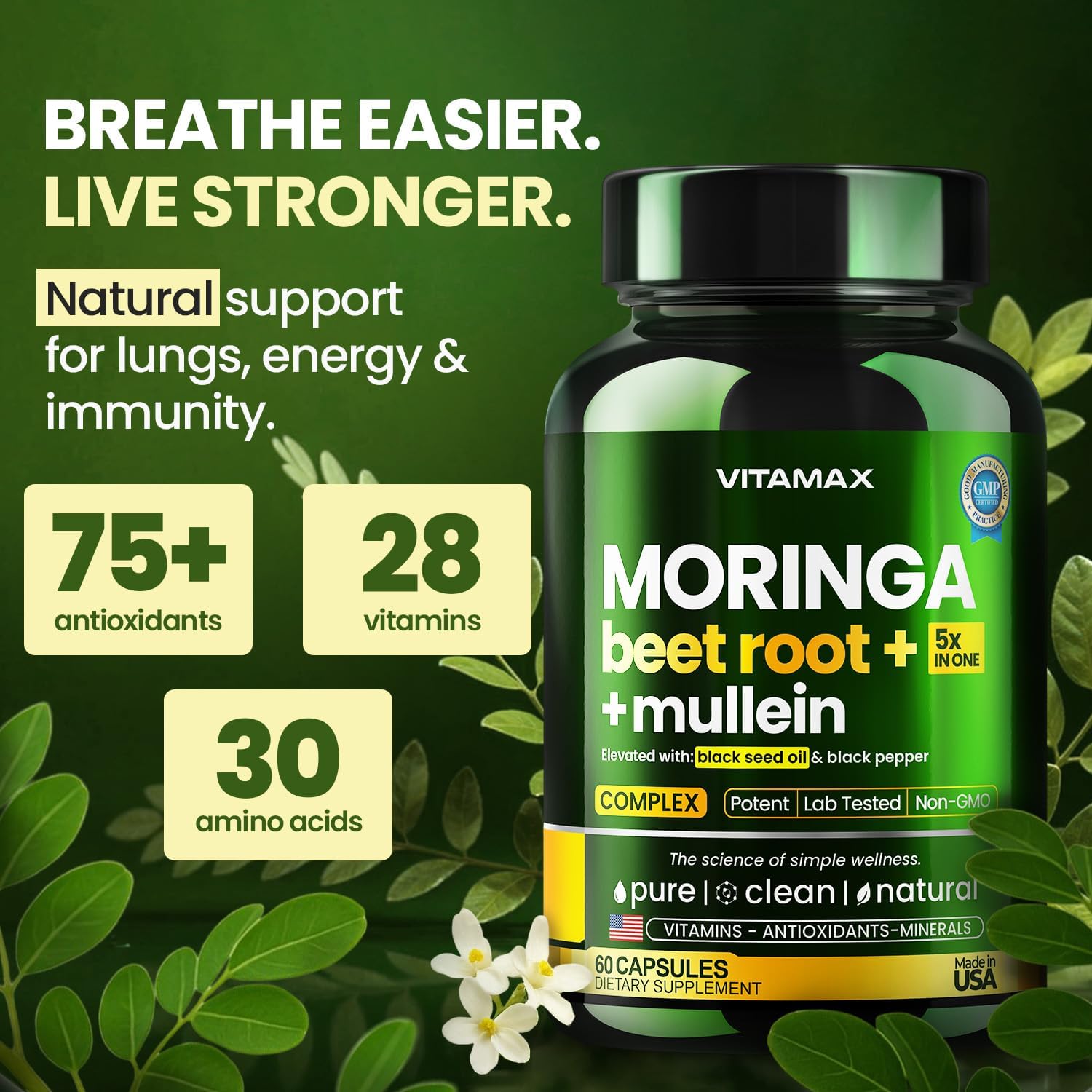 Moringa Capsules, Beet Root, Mullein Leaf - Energy, Skin, Immune Supplement Superfood, Rich in Antioxidants, Minerals & Essential Vitamins - High Absorption Non-GMO - Made in USA - 60ct