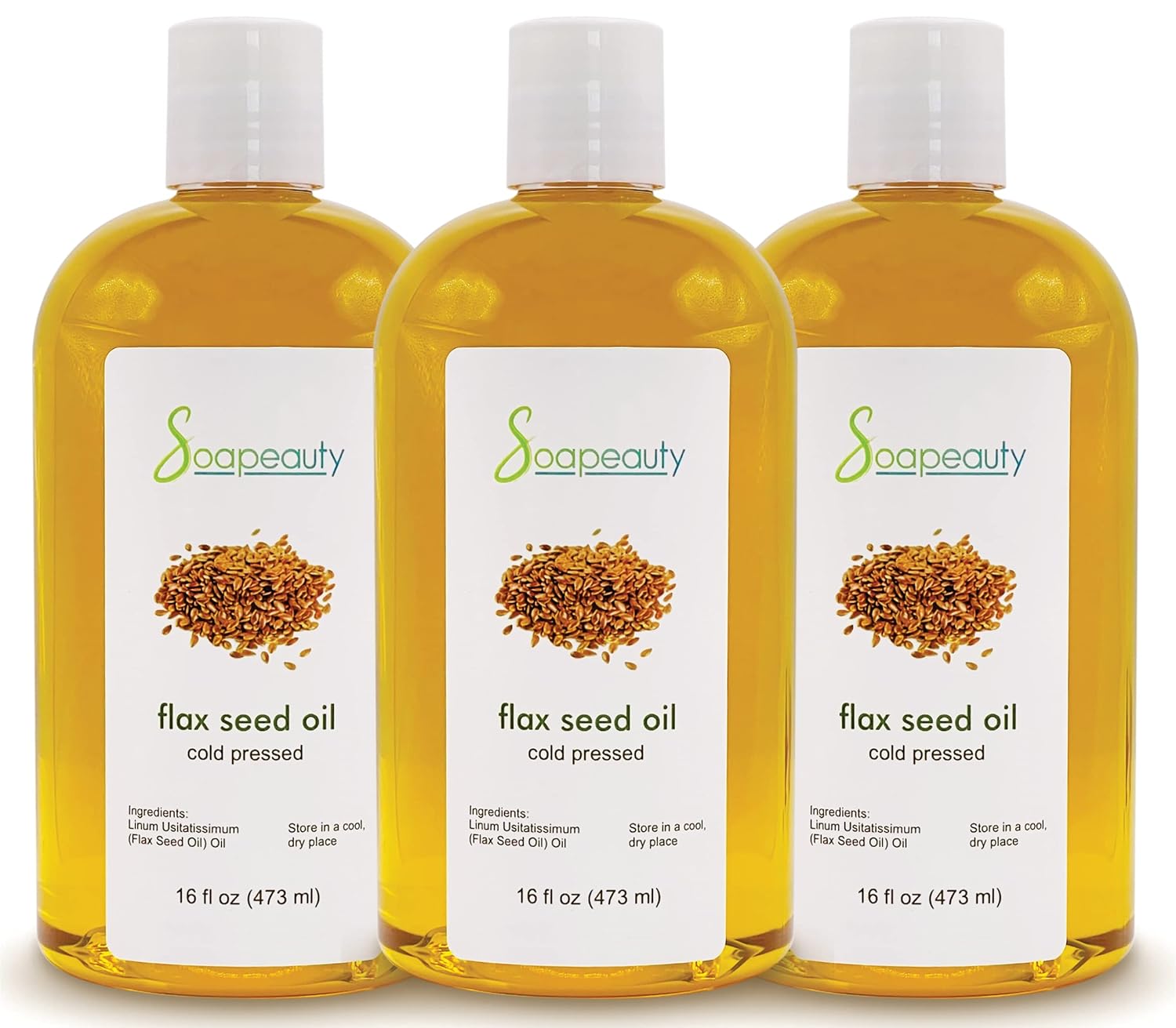 Soapeauty Flax Seed Oil Unrefined Cold Pressed 100% Pure and Natural | for Skin, Hair and DIY Recipes | Source of Omega-3 & ALA | 48 fl oz (3 x 16 fl oz)