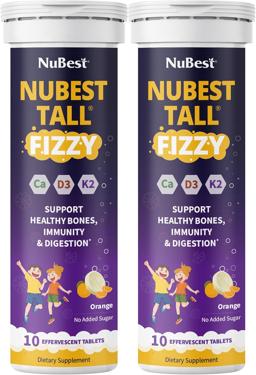 NuBest Tall Fizzy - Bone Strength, Immunity, Digestive Health for Kids & Teens | Probiotic, Calcium, Magnesium from Red Marine Algae, Vitamin D3, K2 & Zinc | 20 Orange Effervescent Tablets - Ages 4+