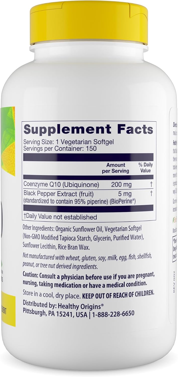 Healthy Origins Natural Enhanced CoQ10 (BioPerine®), 200 mg - Heart Health & Energy Supplement - Gluten-Free & Non-GMO Supplements, with BioPerine & Sunflower Lecithin ((Pack of 1) 150 Veggie Gels)