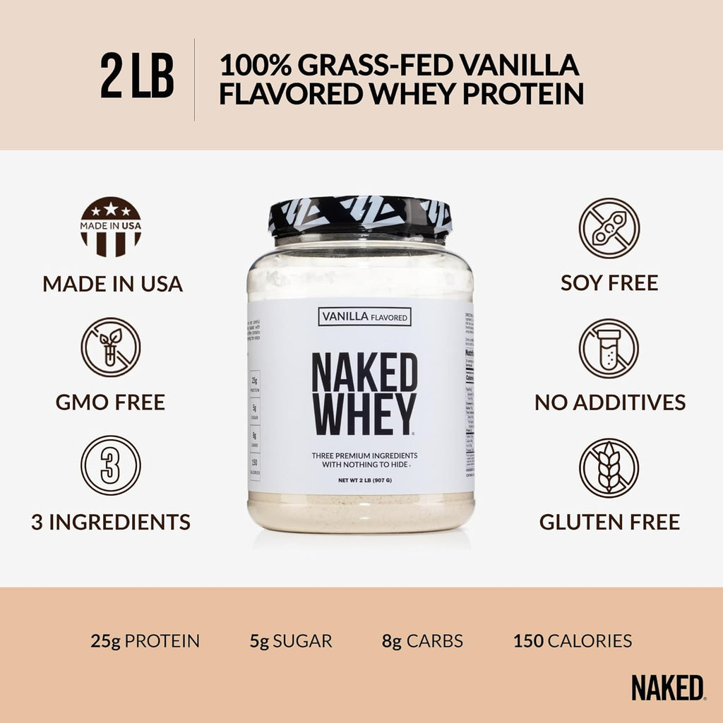 NAKED Whey Vanilla Protein Powder - Only 3 Ingredients - Grass Fed Whey Protein Powder, Vanilla Flavor, and Organic Coconut Sugar, No GMO, No Soy, and Gluten Free - 24 Servings