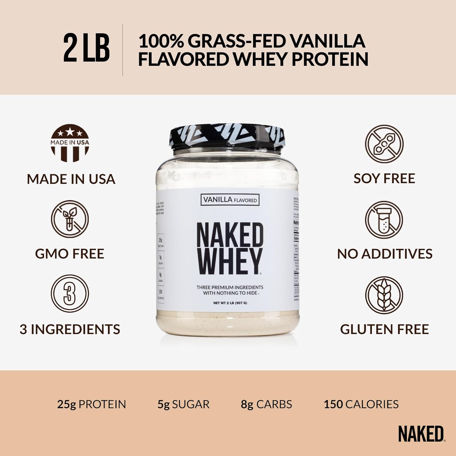 NAKED Whey Vanilla Protein Powder - Only 3 Ingredients - Grass Fed Whey Protein Powder, Vanilla Flavor, and Organic Coconut Sugar, No GMO, No Soy, and Gluten Free - 24 Servings