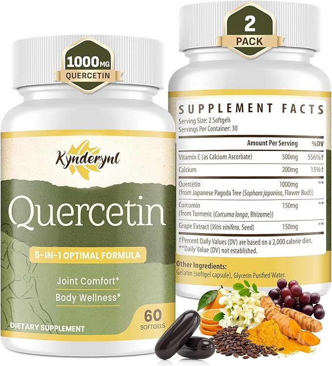 Quercetin Supplement 1000mg Softgels – Joint Health Supplement for Mobility, Flexibility & Antioxidant Boost with Turmeric, Grape Seed Extract & Non-Acidic Vitamin C – 60 Vegan Softgels – 2Pack