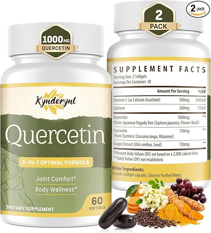 Quercetin Supplement 1000mg Softgels – Joint Health Supplement for Mobility, Flexibility & Antioxidant Boost with Turmeric, Grape Seed Extract & Non-Acidic Vitamin C – 60 Vegan Softgels – 2Pack