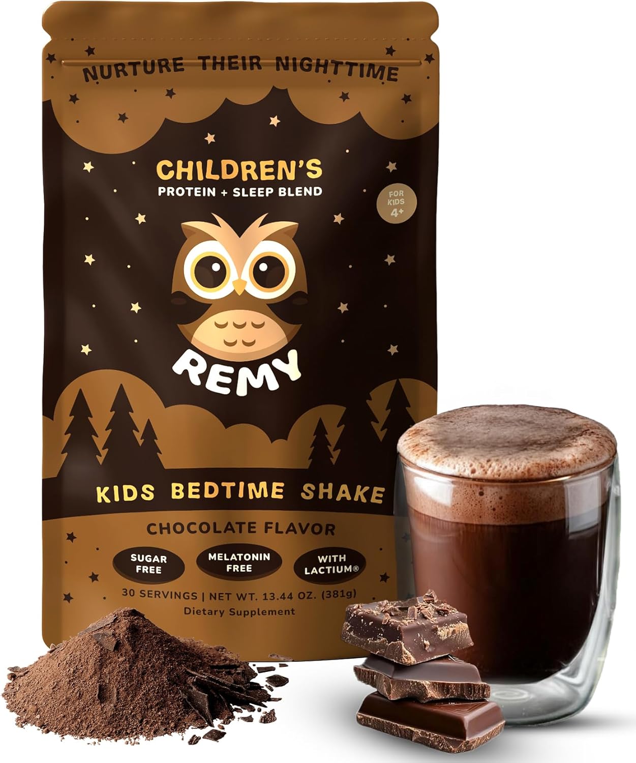 Happy Owl Remy Protein Sleep Aid Supplements for Kids, Melatonin-Free Formula, Lactium, L Theanine, Vitamin D, B6, Calcium & Herbal Extracts Sleep Aid for Kids, Balanced Nutritional Drink, Non GMO