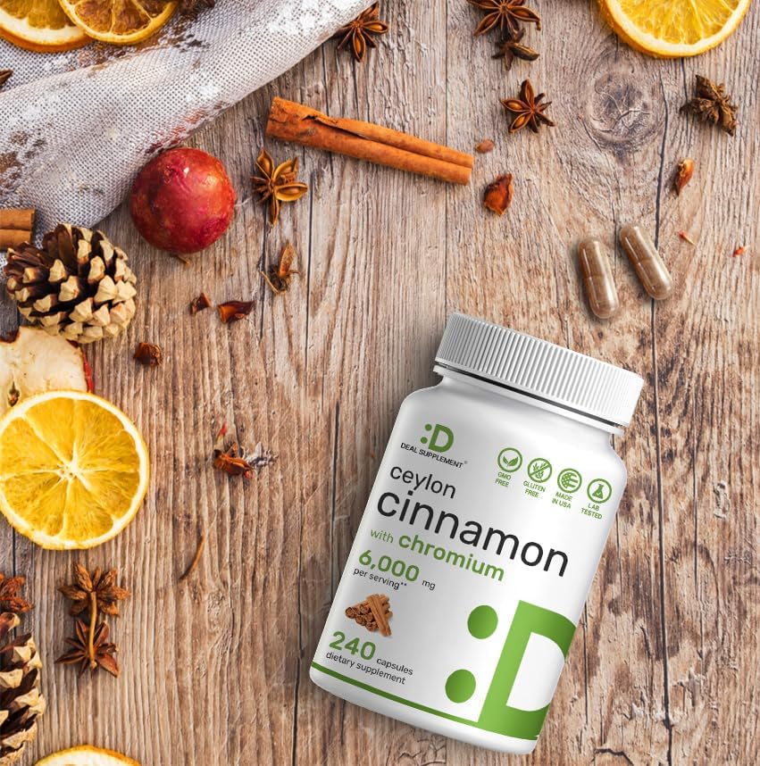Ceylon Cinnamon 6,000mg with Chromium 1,000mcg Per Serving, 240 Capsules –Active Inner Bark Extract – True Sri Lanka Source – Natural Cinnamon Supplements– Non-GMO