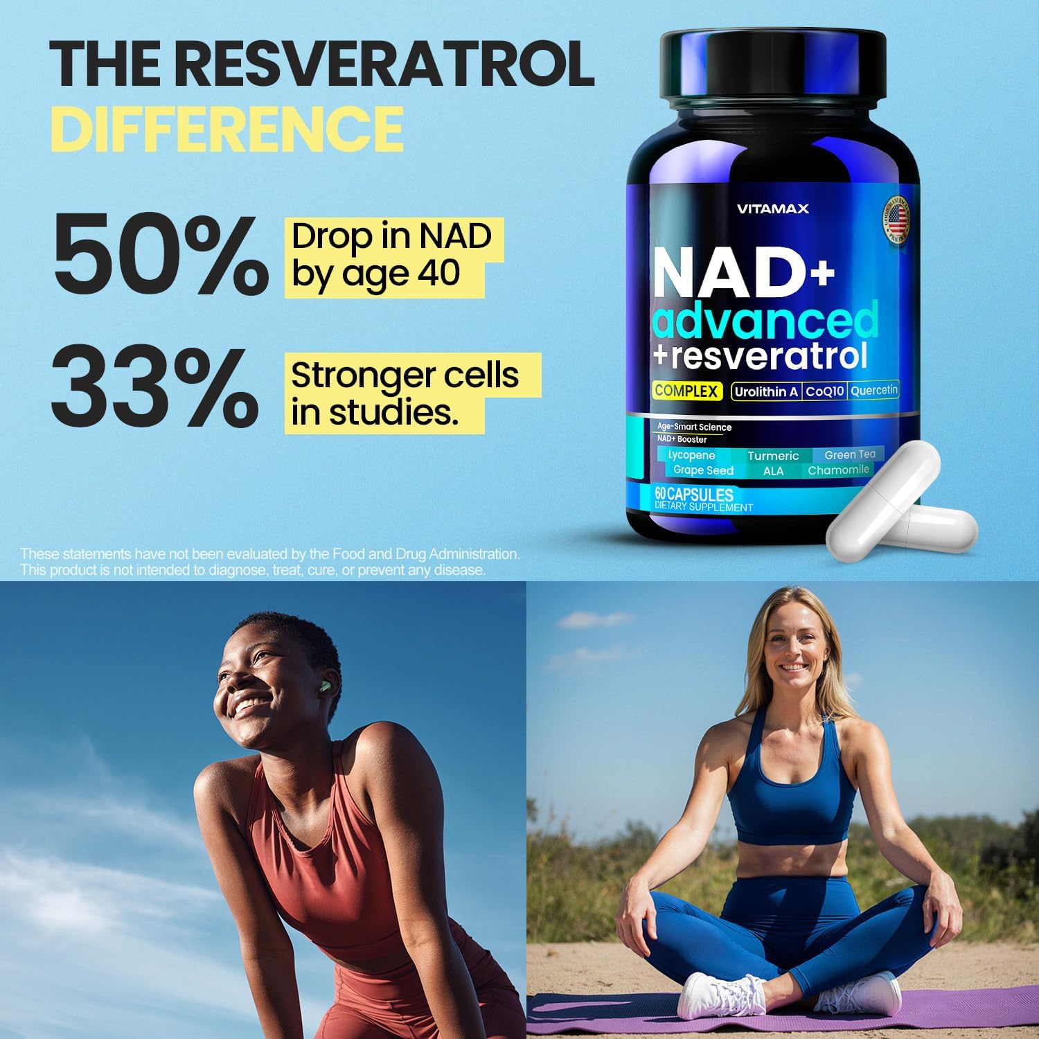 NAD+ Supplement Extra Strength - Liposomal + Resveratrol for Women & Men, CoQ10, Alpha Lipoic Acid, Green Tea, Quercetin, Urolithin A, Lycopene – High Purity Anti-Aging, Energy & Regeneration – 60ct