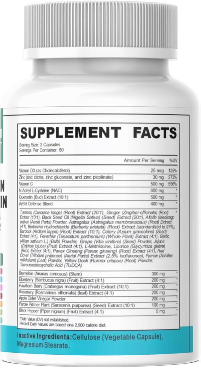 NAC-n-acetyl cysteine- Quercetin Zinc Bromelain Supplement | Extra Strength with Vit C, D3, Apple Cider Vinegar, Elderberry, Hawthorn Berry, Turmeric | Immune Support|120 Vegan Capsules | USDA Organic