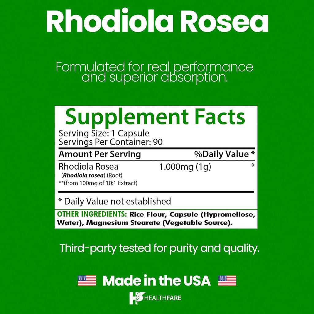 Healthfare Rhodiola Rosea Supplement 1000mg | 90 Vegan Capsules | Extra Strength Adaptogenic Herb Formula | Supports Energy, Stress & Focus | Non-GMO, Gluten-Free | Made in USA