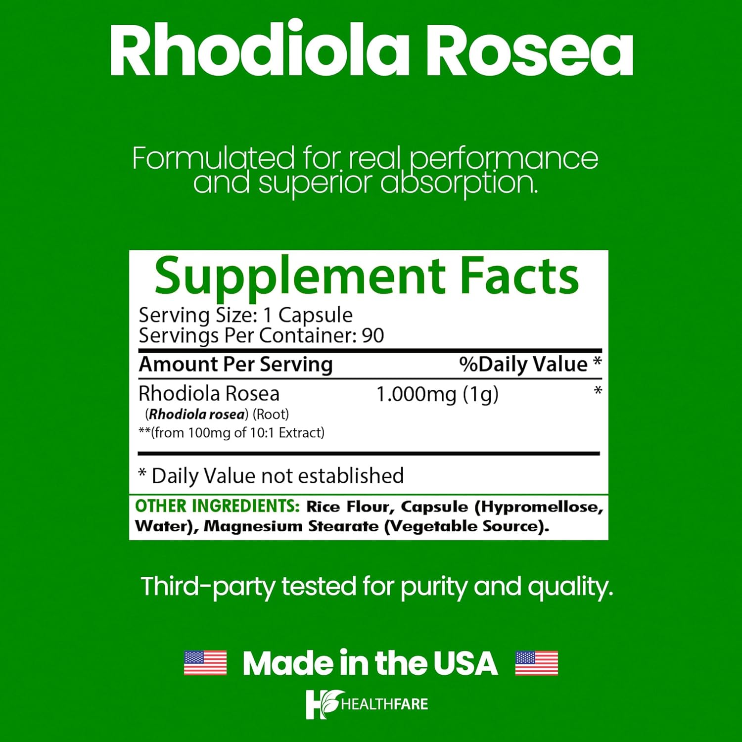Healthfare Rhodiola Rosea Supplement 1000mg | 90 Vegan Capsules | Extra Strength Adaptogenic Herb Formula | Supports Energy, Stress & Focus | Non-GMO, Gluten-Free | Made in USA