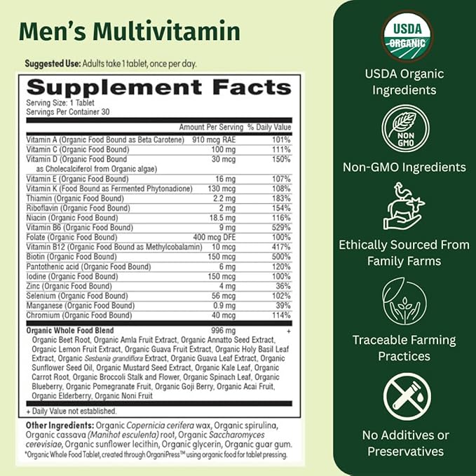 Men’s Multi Once Daily, Whole-Food Multivitamin with 19 Vitamins & Minerals for Energy, Heart, Bone Strength, Prostate & Immune Support, Vegan, Non-GMO, 60 Count