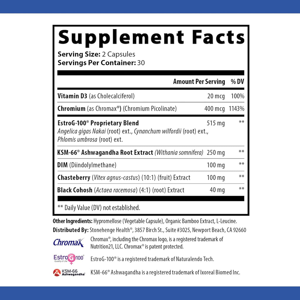 Stonehenge Health for Women Menopause Support for Peri + Menopause + Post - Mood, Energy, Stress, Hot Flashes, Night Sweats, Sleep & Cortisol, Chromax Chromium, Vitamin D3, KSM-66 Ashwagandha Extract
