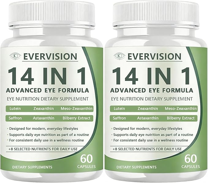 Evervision 14-in-1 Advanced Eye Formula, Daily Eye Nutrition Supplement with Lutein, Zeaxanthin, Saffron & Bilberry Extract, Eye Health Support for Adults – 60 Capsules (2)