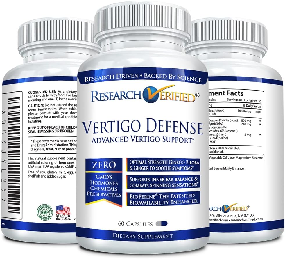 Research Verified Vertigo Defense - Soothe Symptoms and Support Inner Ear Balance - Vitamin D3, Ginger, Ginkgo Biloba, BioPerine - 180 Capsules