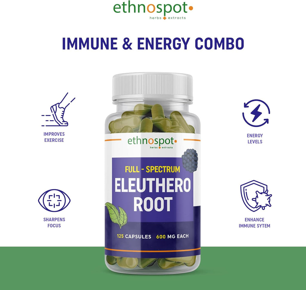 Full Spectrum Eleuthero Root Capsules - Siberian Ginseng - Boosts Physical Stamina & Mental Alertness - Supports Immune System - Enhanced Eleutheroside Profile - All Natural - 125 Vegan Capsules
