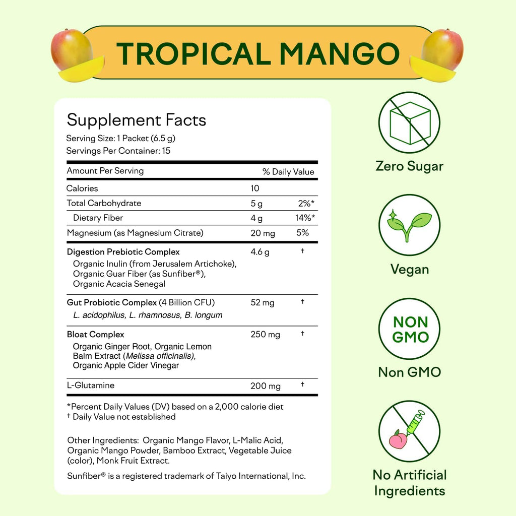 Feel Goods Gut Guardian, Organic Fiber, Probiotic & Prebiotic Powder, Sugar Free, Herbs for Bloat, Gut Health Support, Digestive Health for Men & Women, Non GMO, Vegan, Tropical Mango, 15 Servings