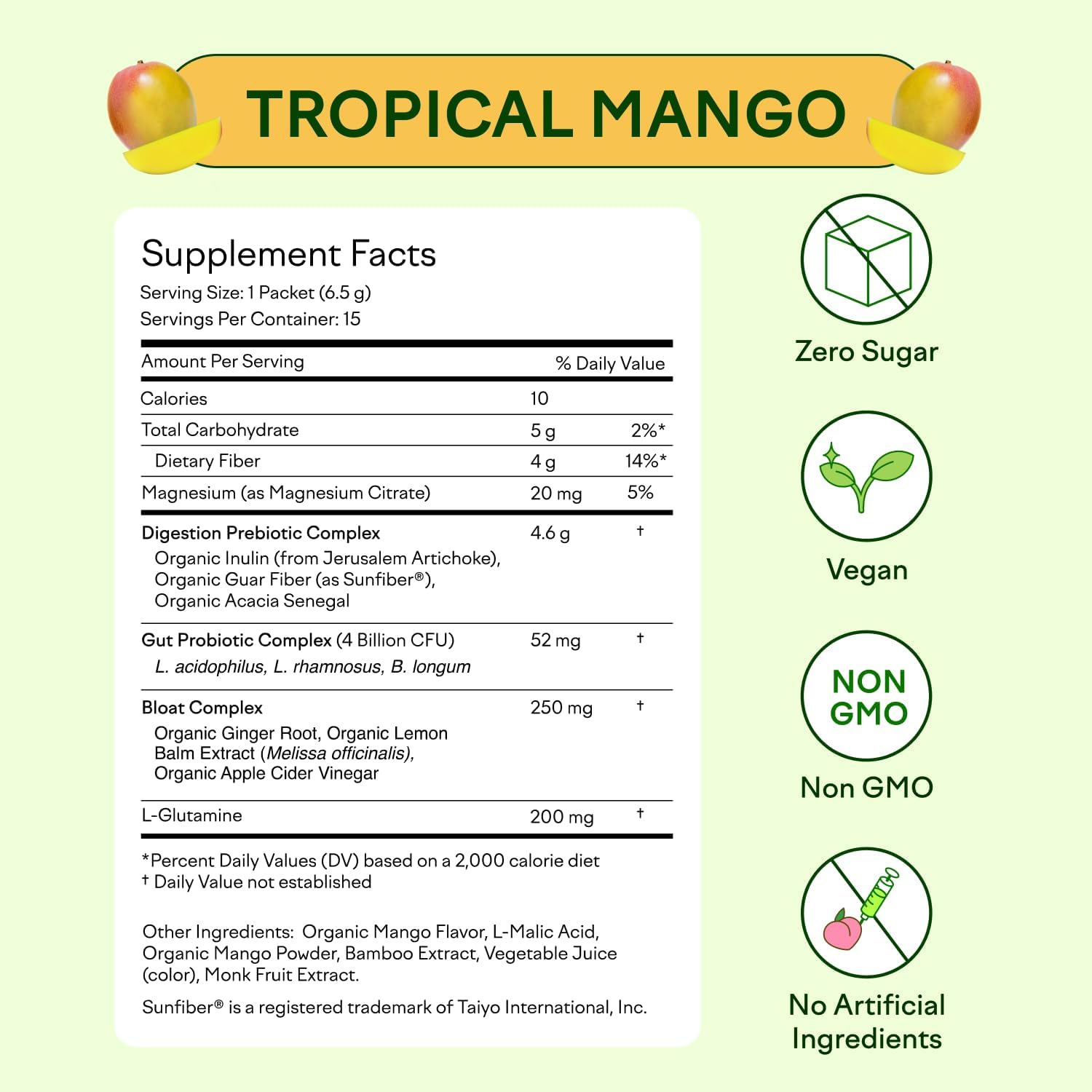 Feel Goods Gut Guardian, Organic Fiber, Probiotic & Prebiotic Powder, Sugar Free, Herbs for Bloat, Gut Health Support, Digestive Health for Men & Women, Non GMO, Vegan, Tropical Mango, 15 Servings