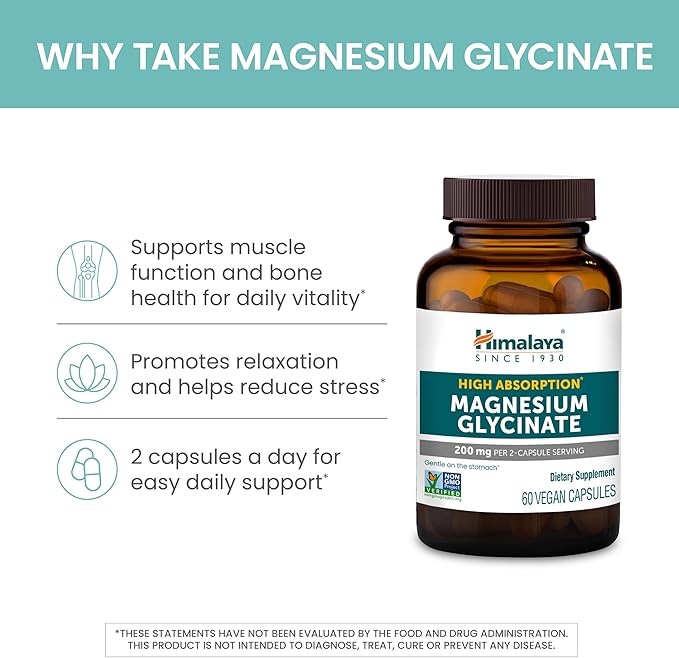 Himalaya Magnesium Glycinate, 60 Vegan Capsules, High Absorption Dietary Supplement for Muscle Function, Bone Health, and Relaxation, Chelated, Non-GMO, Gluten-Free, 200mg per 2 Capsule Serving