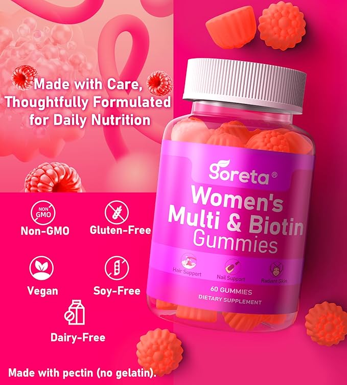Women’s Multivitamin Gummies with Biotin 2,500 mcg – 15 Key Nutrients, Sugar-Free Mixed Berry, Pectin-Based, 60 Count