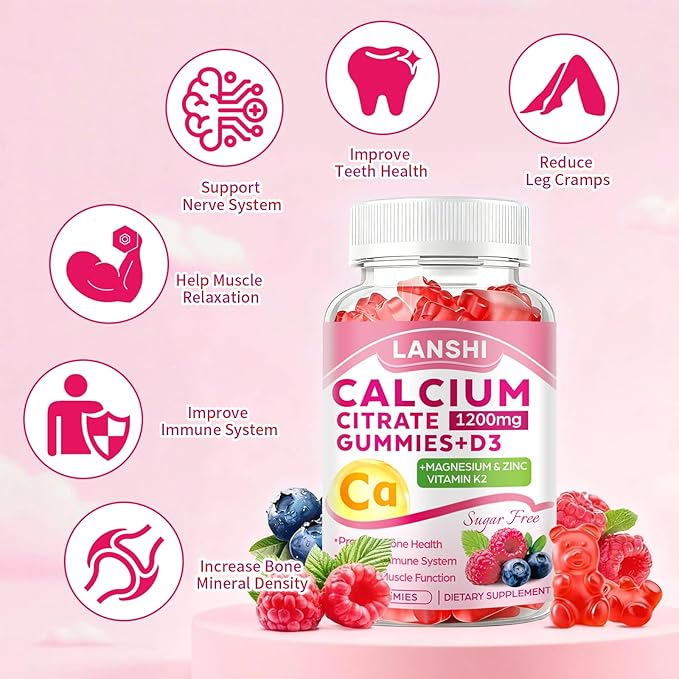Calcium Citrate Gummies 1200mg with Vitamin D3 & K2 Supplements for Women & Men, High Absorption Calcium Gummies Plus Magnesium, Zinc for Strong Bones & Immune Support Mixed Berry Flavor