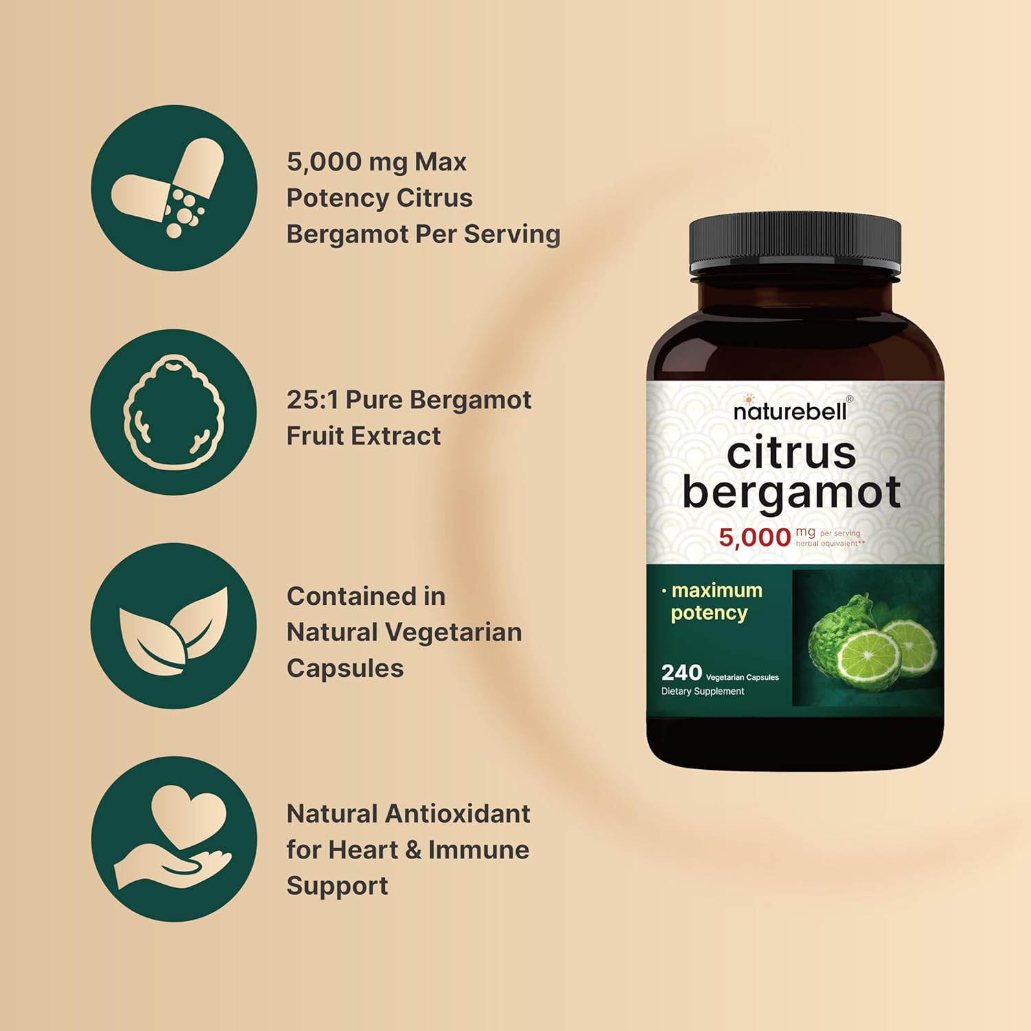 NatureBell Citrus Bergamot 5,000 mg Equivalent, 240 Veggie Capsules | Extra Strength 25:1 Fruit Extract – High Antioxidant Level – Heart & Immune Support Supplement – Vegan, Non-GMO