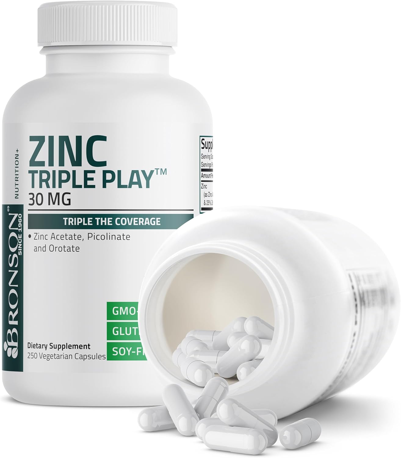 Bronson Zinc Triple Play 30mg Triple Coverage Immune Support with Zinc Acetate, Picolinate & Orotate - Immune, Antioxidant & Skin Health Support - 250 Vegetarian Capsules