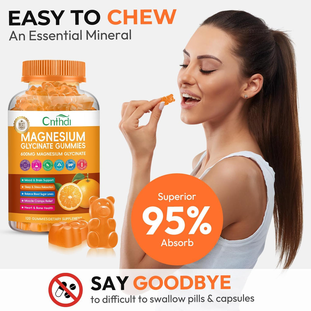 Magnesium Glycinate Gummies for Adults, High Absorption Magnesium Gummies with L-Threonate, Calcium, Vitamin B6, D3, Sugar Free Chews for Relaxation, Stress Relief, Night Rest