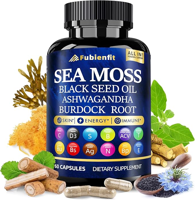 Organic Irish Sea Moss Capsules withs Black Seed Oil，Ashwagandha，Bladderwrack, Burdock, Ginger, Vitamin C & D3 – All-in-One Immune Support, Energy, Skin & Gut Health – Vegan, Non-GMO