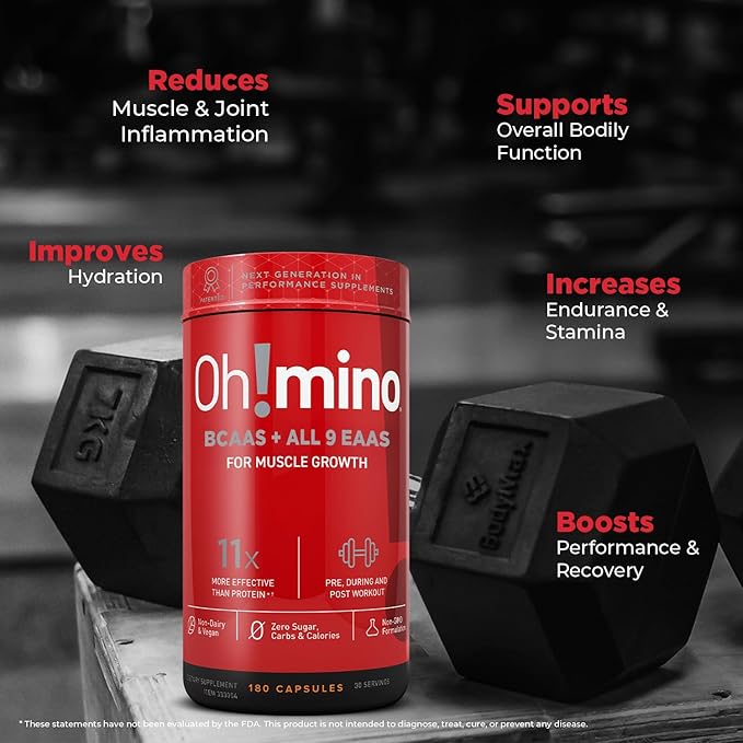 Oh!mino Essential Amino Acids Supplement, Caffeinated Capsules, All 9 EAAs, BCAAs, The Perfect Amino for Workouts, Amino Energy, and to Build Muscle, and Recover Faster