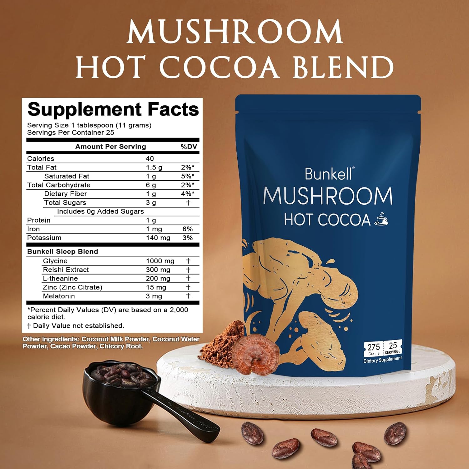 Mushroom Hot Cocoa, Adaptogenic Mushroom with Reishi, L-Theanine, Chicory, Melatonin & Glycine, Melatonin, Sleep Hot Cocoa Supplement for Sleep and Stress Support, 25 Servings 1 Pack