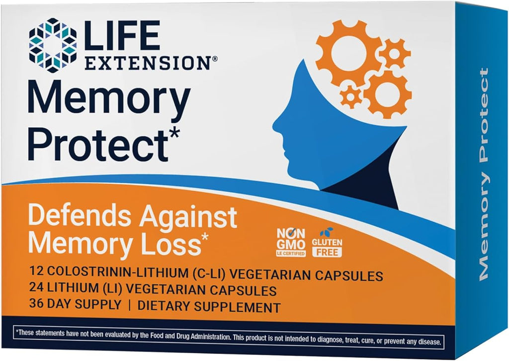 Life Extension Memory Protect, Lithium, colostrinin Milk peptides, Memory and Cognitive Health Support, Gluten-Free, Non-GMO, 12 colostrinin-Lithium (C-Li) Capsules, 24 Lithium (Li) Capsules