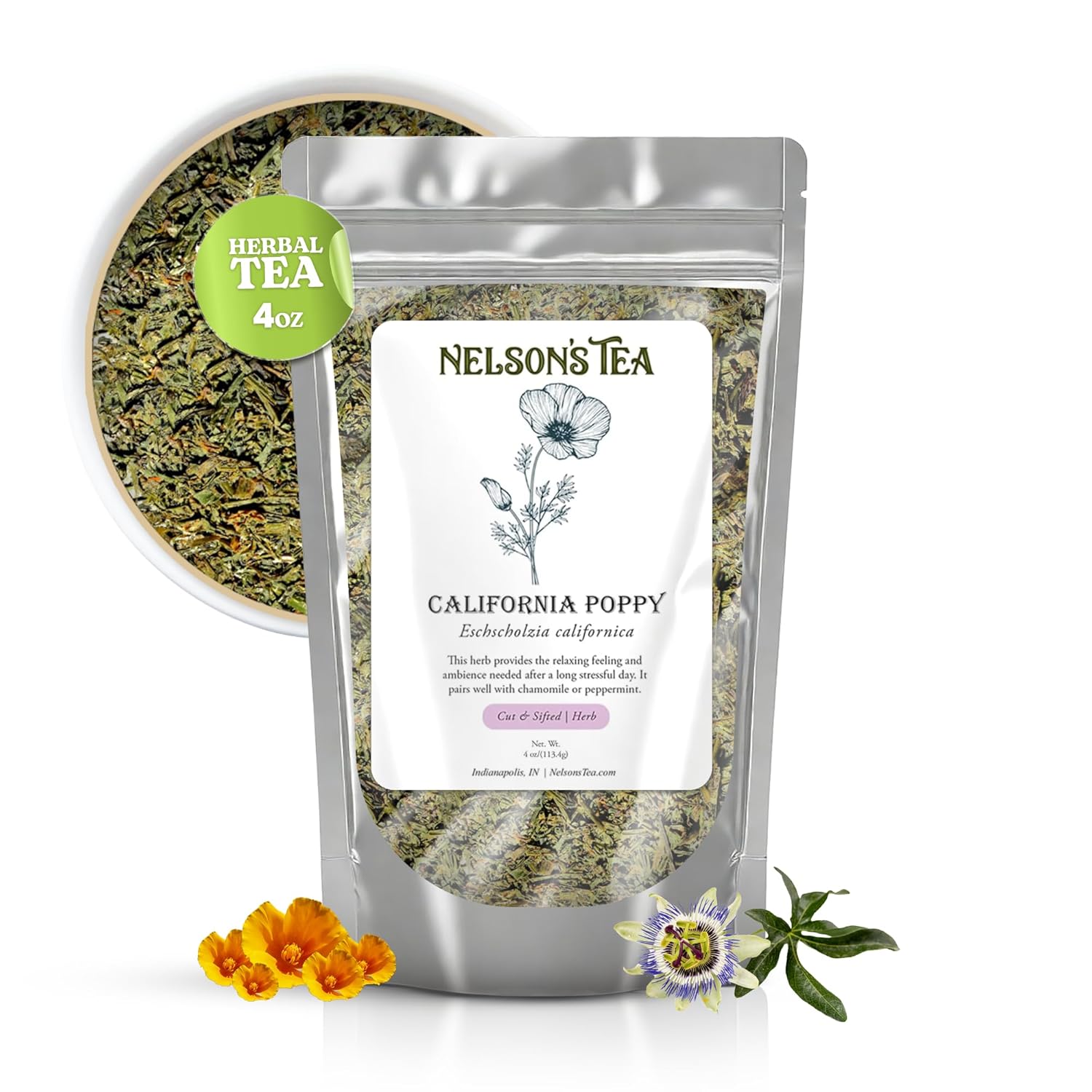 Nelson's Tea - California Poppy - Cut & Sifted - Loose Leaf - Herbal Tea - 4 Oz