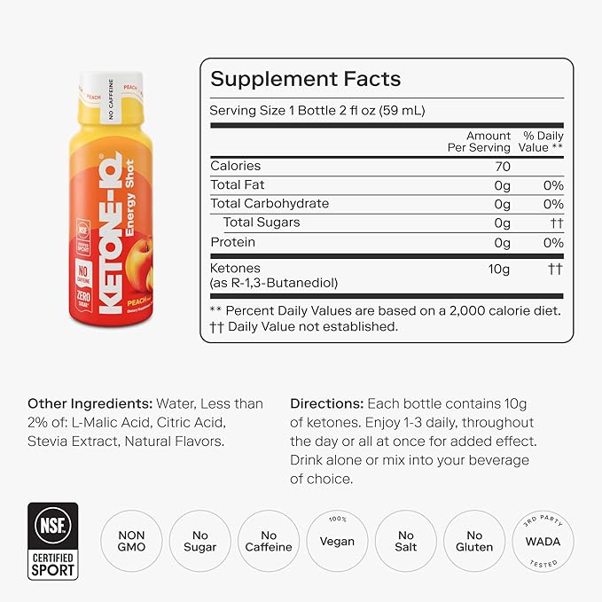 Ketone-IQ No Caffeine Exogenous Ketones Energy Shots - 24 Pack of Caffeine Free Energy Drinks with 10g Ketones - Sugar Free, Salt Free, and All Natural (Peach)