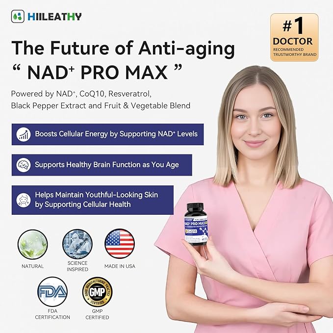 NAD+ Supplement for Men and Women with Resveratrol and CoQ10 Promotes Cell Regeneration and Anti-Aging American-Made NAD+, 60 Capsules(2 Pack)
