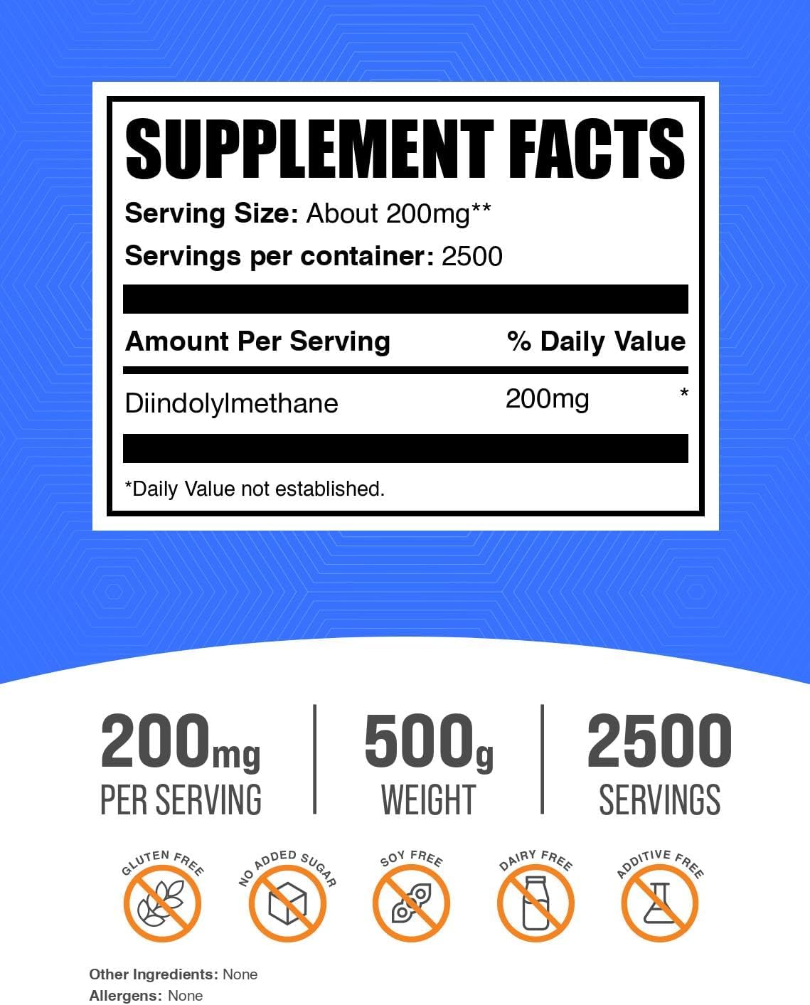 BulkSupplements.com DIM Powder - Diindolylmethane Powder, DIM Supplement for Men & Women - Unflavored & Gluten Free, 200mg per Serving, 500g (1.1 lbs) (Pack of 1)