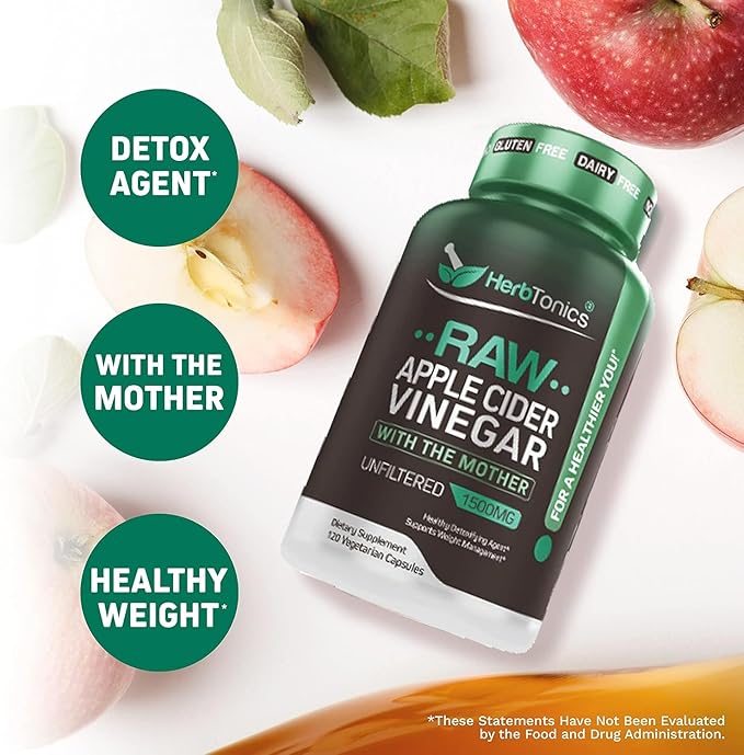 Herbtonics Raw Apple Cider Vinegar Capsules 1500mg with Mother | Weight Management, Detox & Digestion Formula with GLP-1 Support | Unfiltered ACV for Metabolic Support | 60 Vegan Capsules
