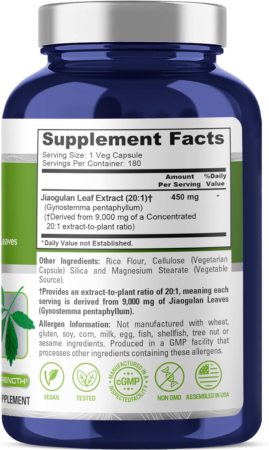 NusaPure Jiaogulan 20:1 Extract, 450 mg Equivalent to 9,000mg 180 Veggie Capsules (Vegetarian, Non-GMO, Vegan) Gynostemma Pentaphyllum
