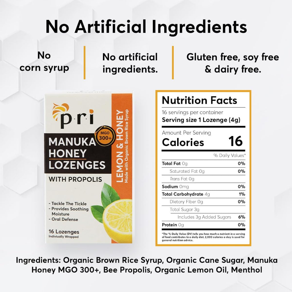 P.R.I Manuka Honey Lozenges with Propolis, Soothing Cough and Throat Drops, MGO 300+ Certified, (Lemon, 16 Count/2 Pack)