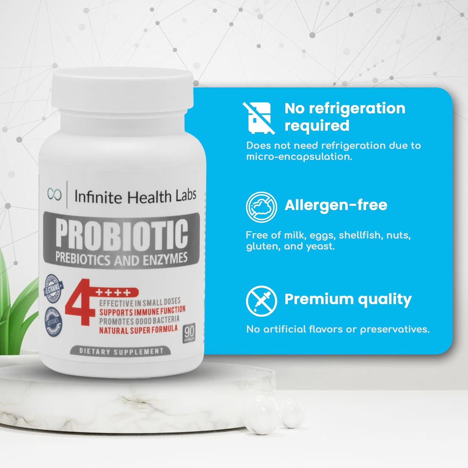 Probiotic Supplement/Infinite Health - 90 Small Easy to Swallow Capsules - All Natural, Helps Relieve Digestive Problems & Gas - Improves Immune System 2.1 Billion CFUs per Capsule