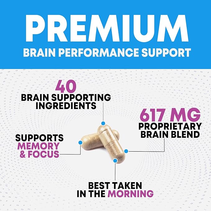 Brain Memory Supplement Pills - 3X Strength Nootropics for Concentration, Clarity & Focus Support - Brain Health Cognitive Vitamins with Bacopa, Phosphatidylserine & DMAE, Brain Booster - 60 Capsules